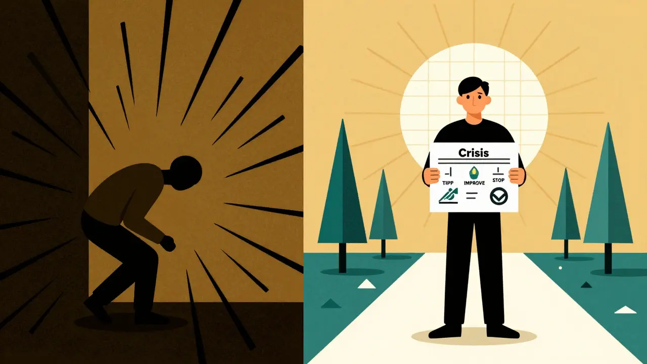 Split scene: crisis on one side, calm with DBT skills on the other, rendered in Bauhaus geometric style.