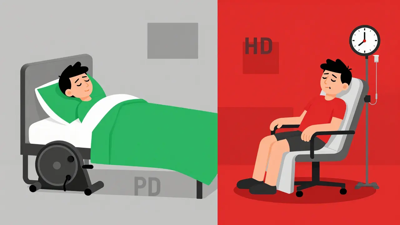 Split scene: peaceful home dialysis vs. tired clinic patient, contrasting geometric shapes and color symbols.