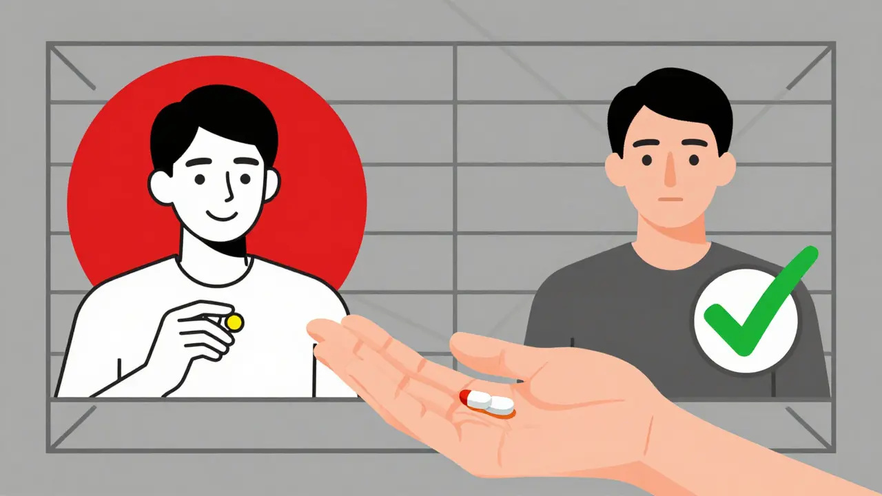 Split-screen cartoon showing safe vs. dangerous pill use with abstract red and green visual cues.