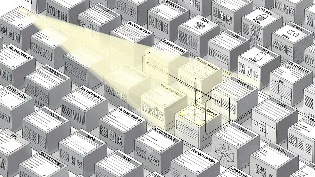 Stacked drug label blocks being scanned, connected to regulatory systems.