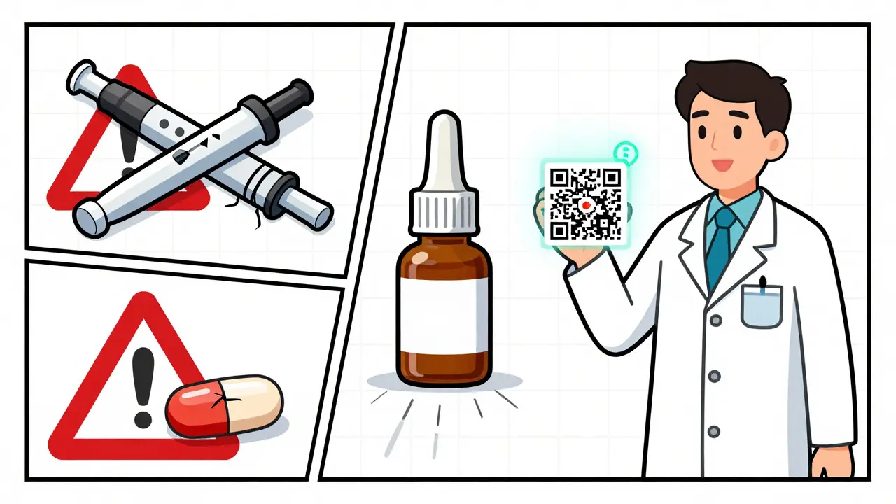 Three expired medications with warning signs and glowing QR code held by pharmacist in minimalist style