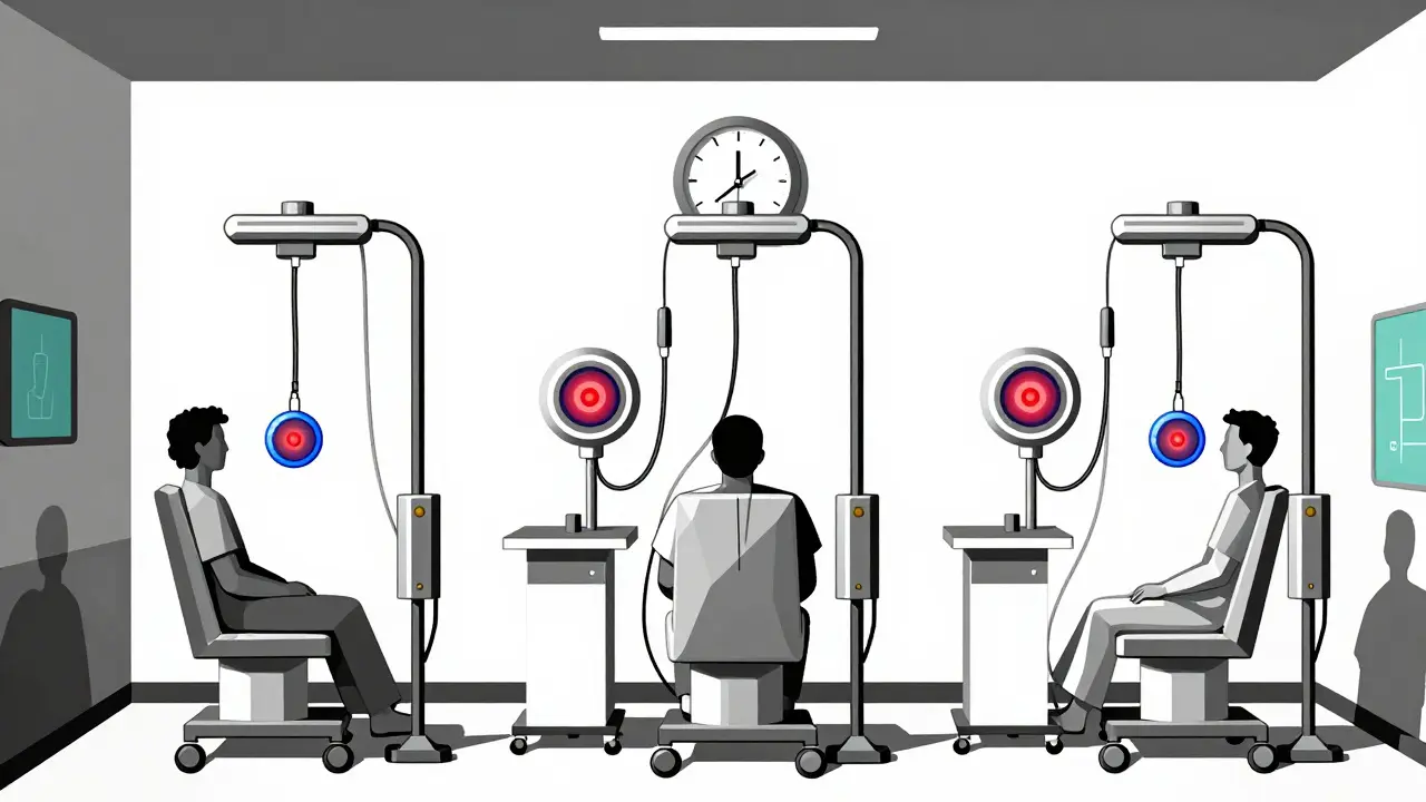 Three patients in identical chairs connected to dialysis machines in a minimalist clinic room under harsh lighting.