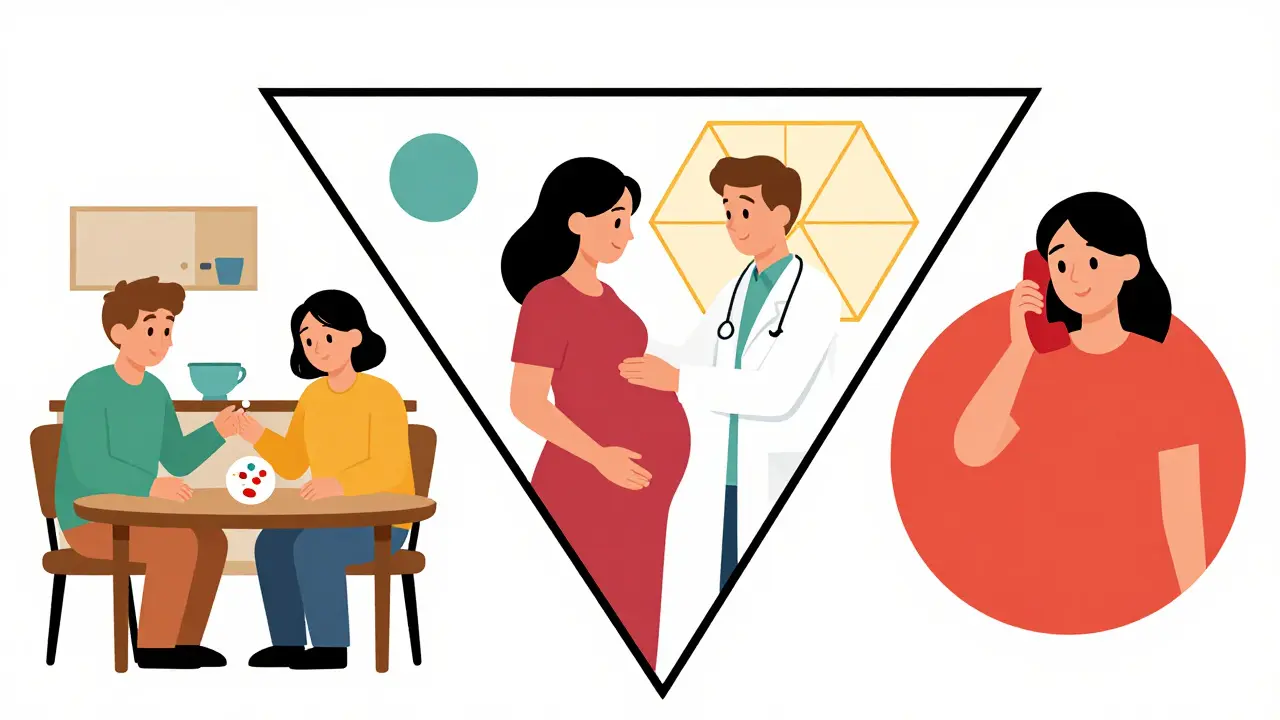 Three stages of medication safety journey in abstract geometric composition