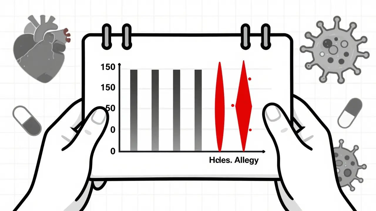 Timeline diagram in a notebook showing fading side effects versus sudden allergic reactions with geometric icons and grid background.