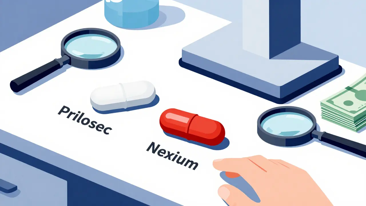 Two identical pills labeled Prilosec and Nexium on a table, one glossy, with a scale tipping to cash and a patient’s empty hand below.