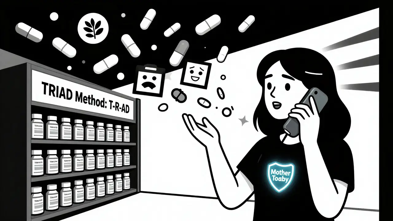 Woman calling MotherToBaby as chaotic medication symbols dissolve into the orderly TRIAD method framework.