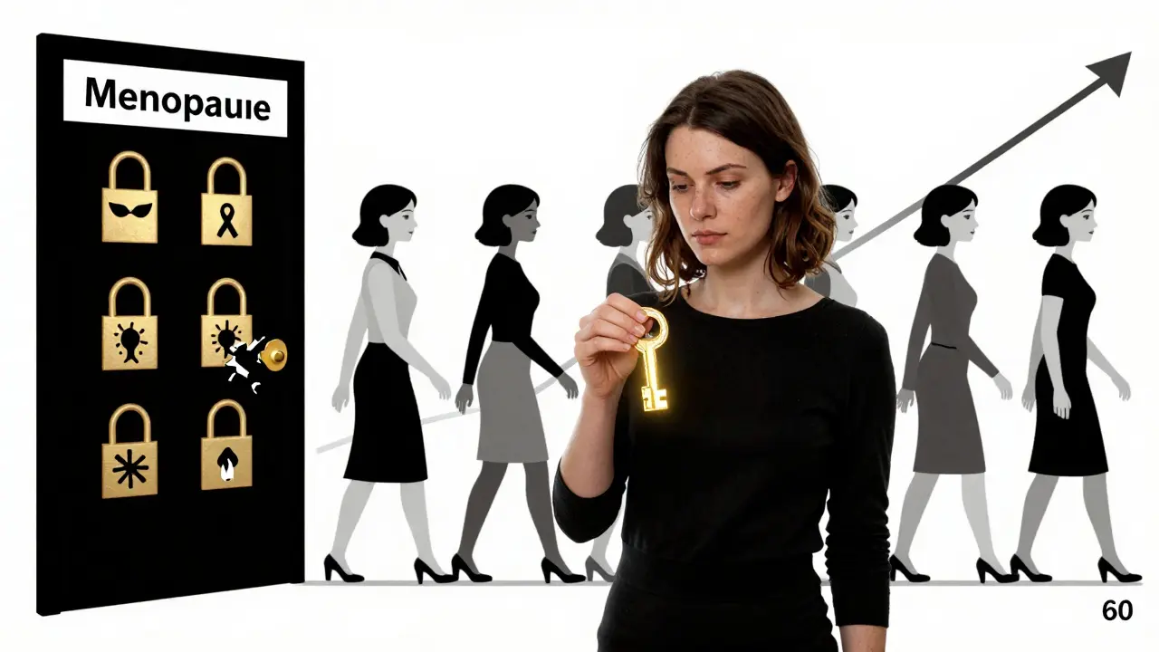 Woman using a key patch to unlock menopause-related health risks and benefits