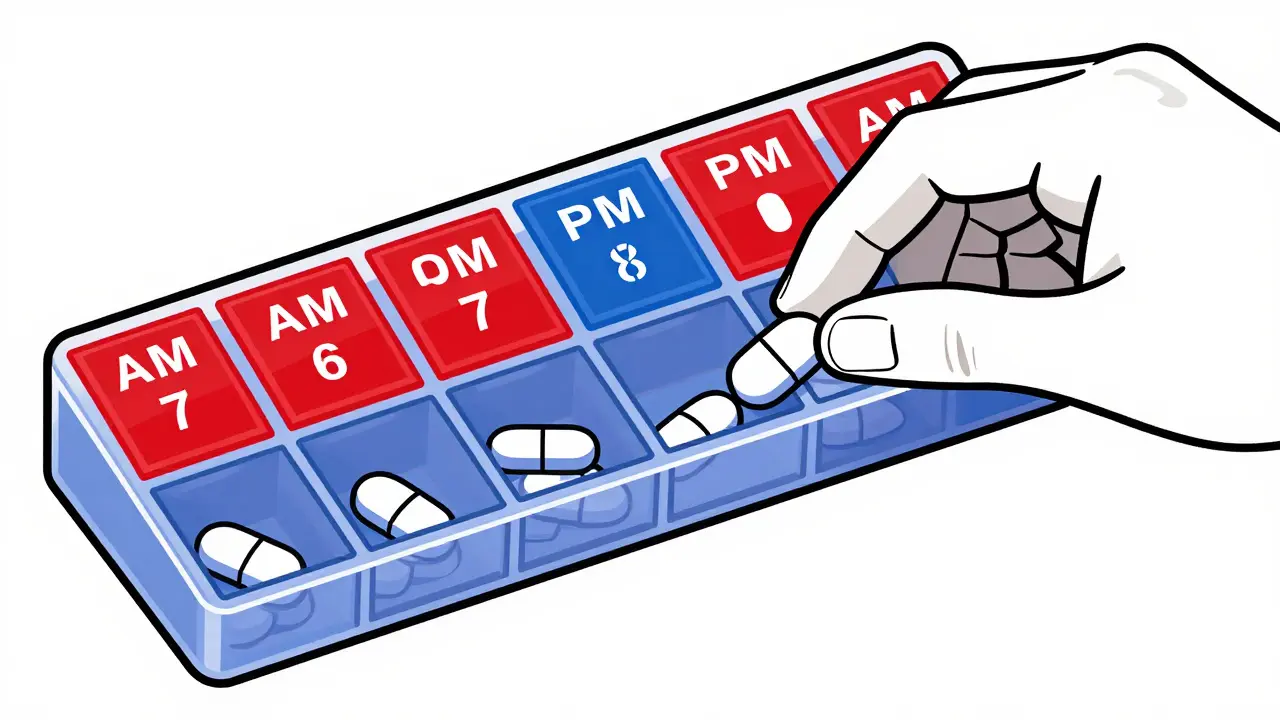 7-day pill organizer with AM/PM compartments and pills