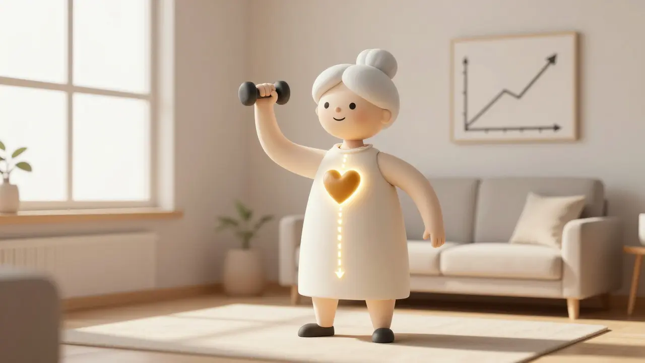 A 90-year-old woman lifting a dumbbell at home, with golden arrows symbolizing regained independence.