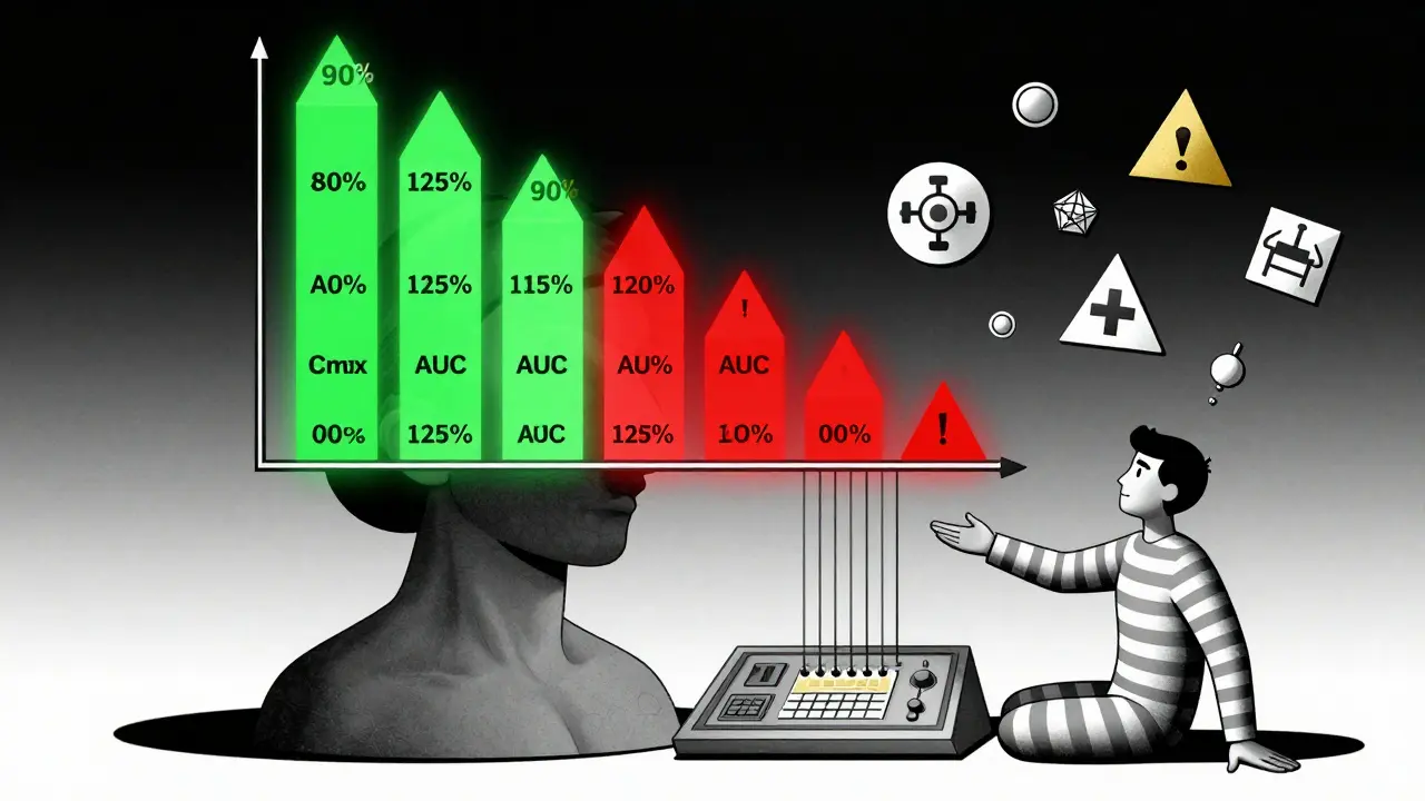 A confidence interval bar graph with Cmax and AUC values within 80-125% range, hovering over a volunteer's torso.