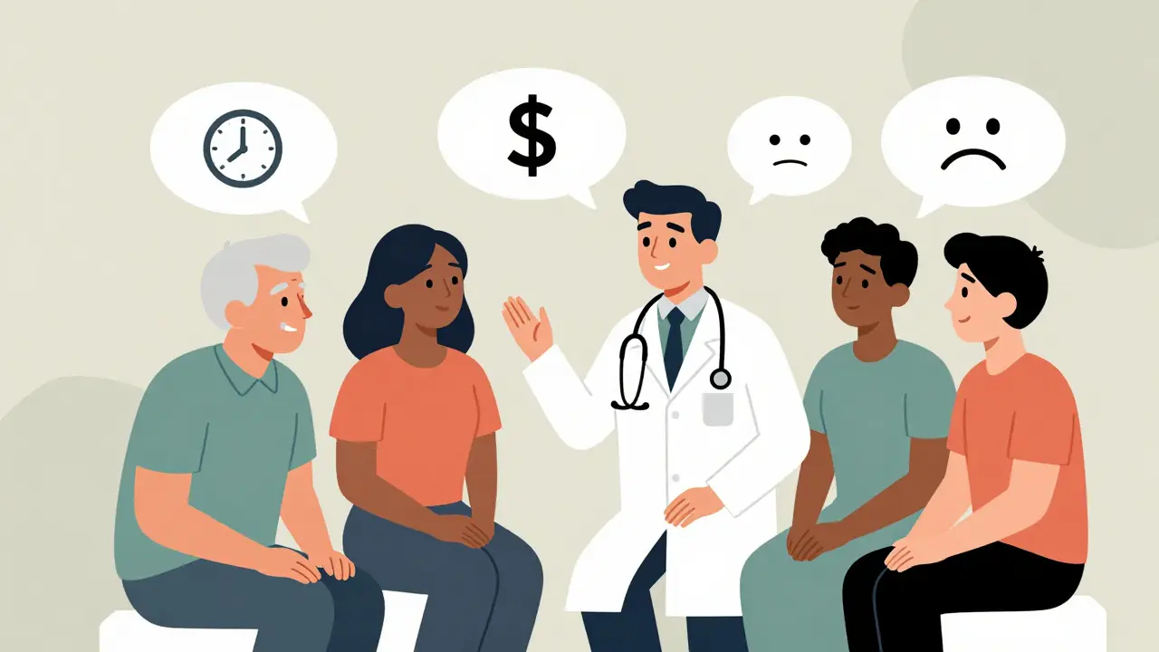 A doctor asking diverse patients about medication challenges using icon-based speech bubbles instead of words.