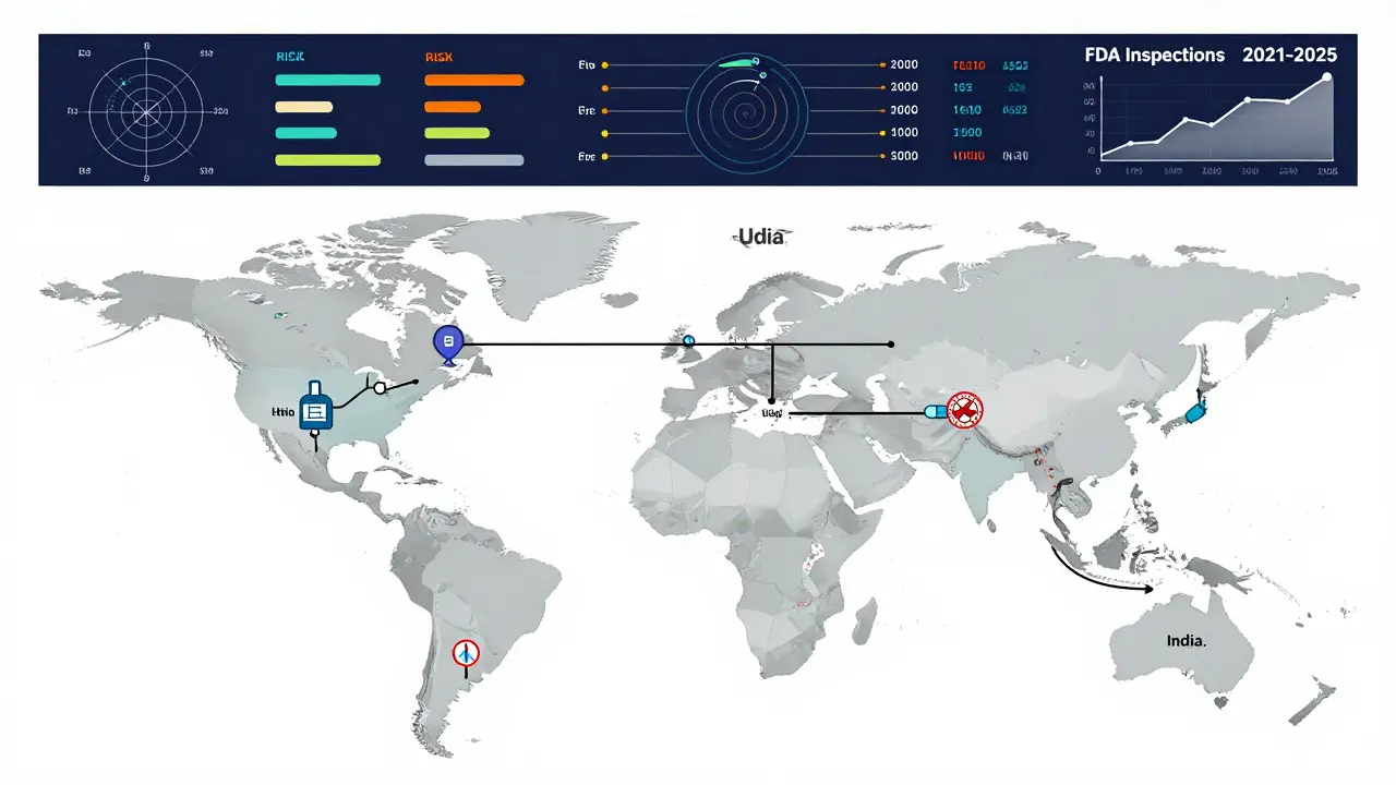 A global map with drug supply chains and FDA inspection data visualized in abstract geometric forms.