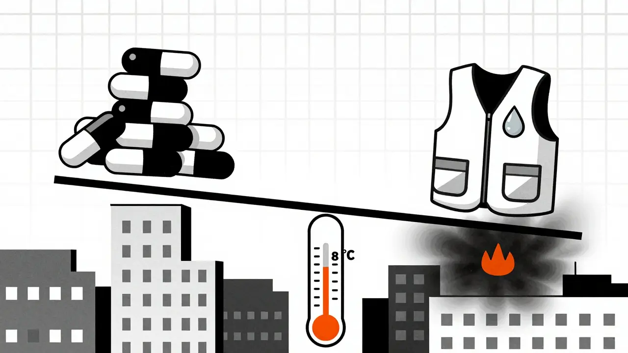 A scale tipping under the weight of medications against a single water droplet and cooling vest, under a rising thermometer in a minimalist cityscape.