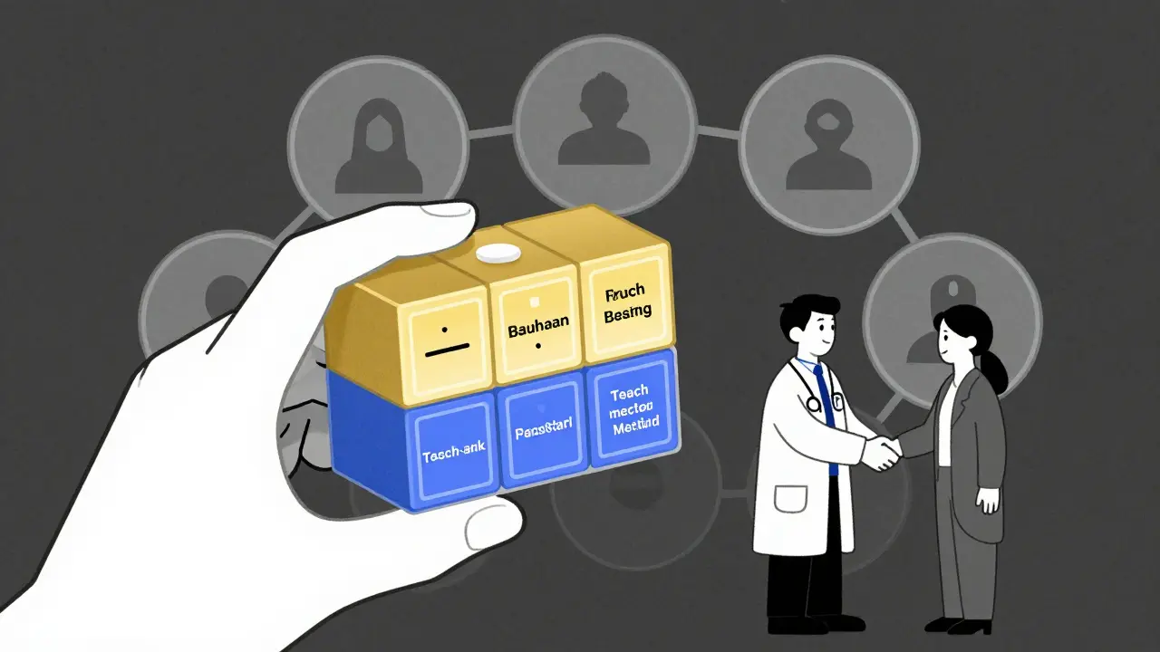 A simplified pill organizer with glowing compartments representing personalized solutions, held by a patient and doctor shaking hands.