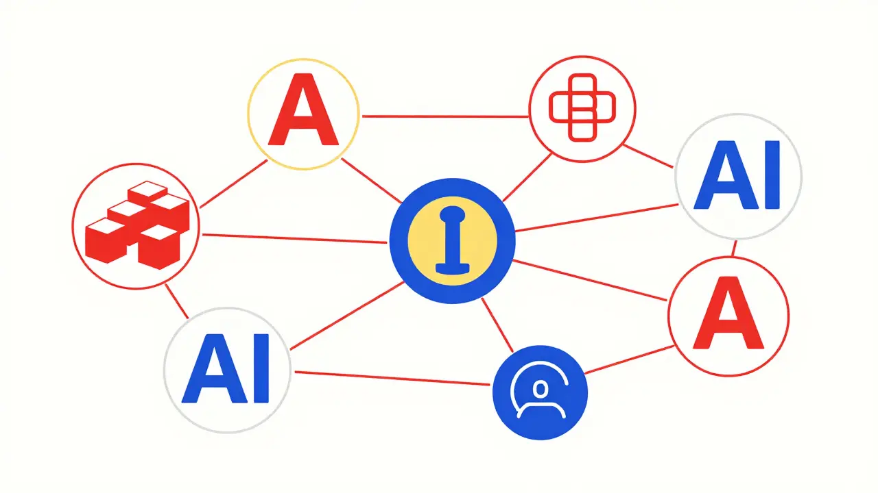 AI and blockchain data network with geometric lines.