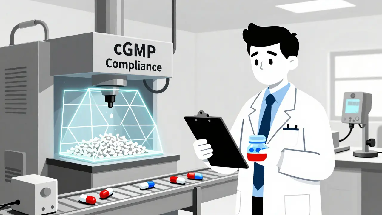 An inspector in a factory checking raw materials and pills under geometric monitoring systems.