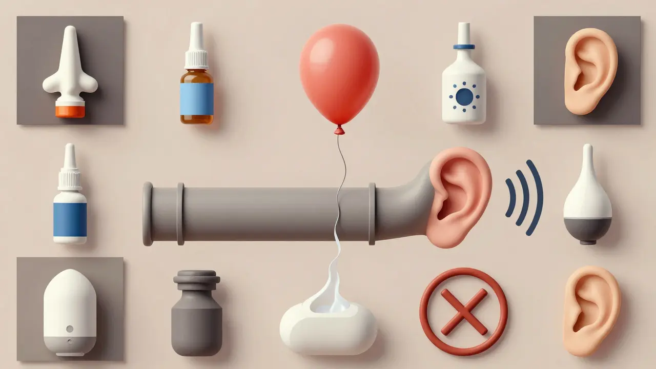 Balloon dilating Eustachian tube with healing symbols in geometric Bauhaus composition.