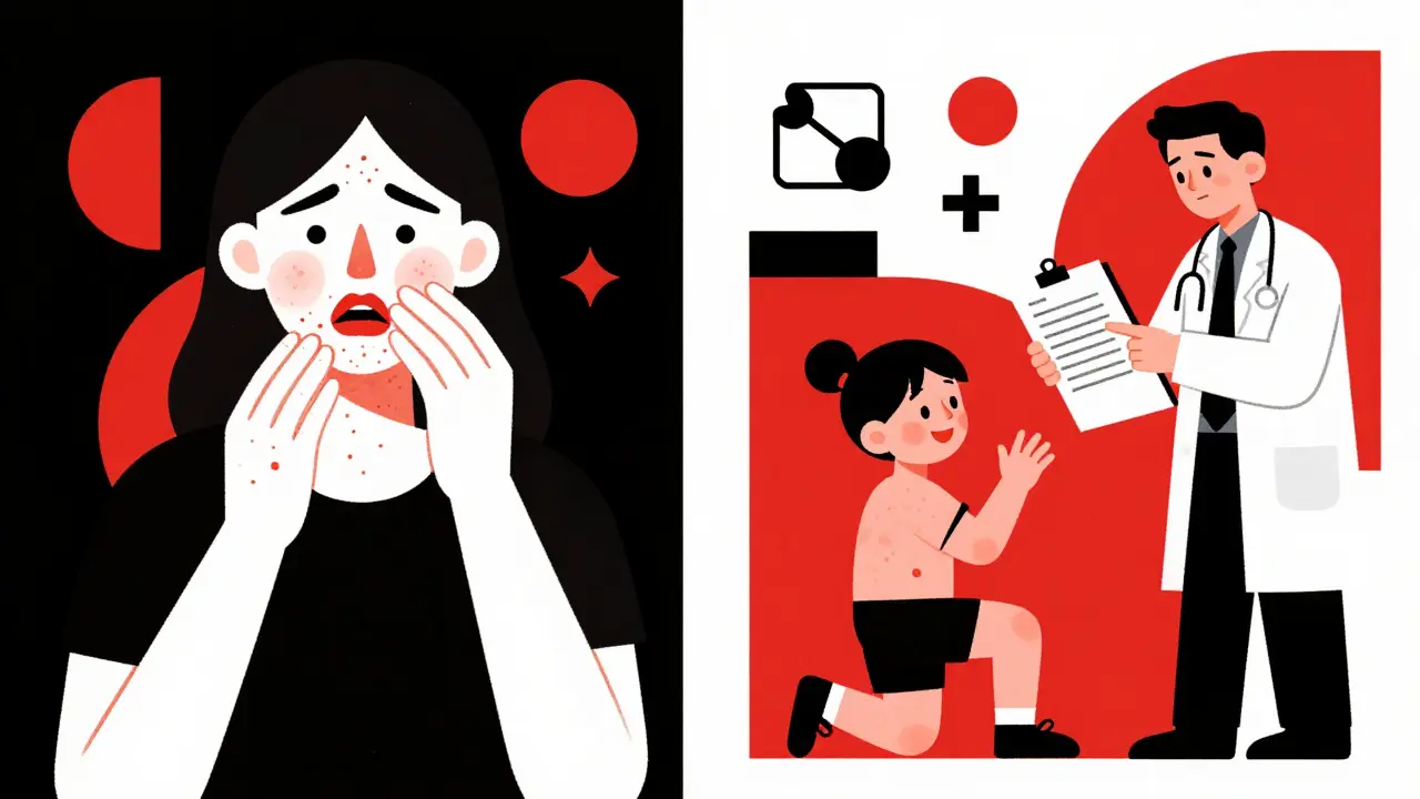 Contrasting images: hives with swelling vs. flat rash, child playing, bold Bauhaus design