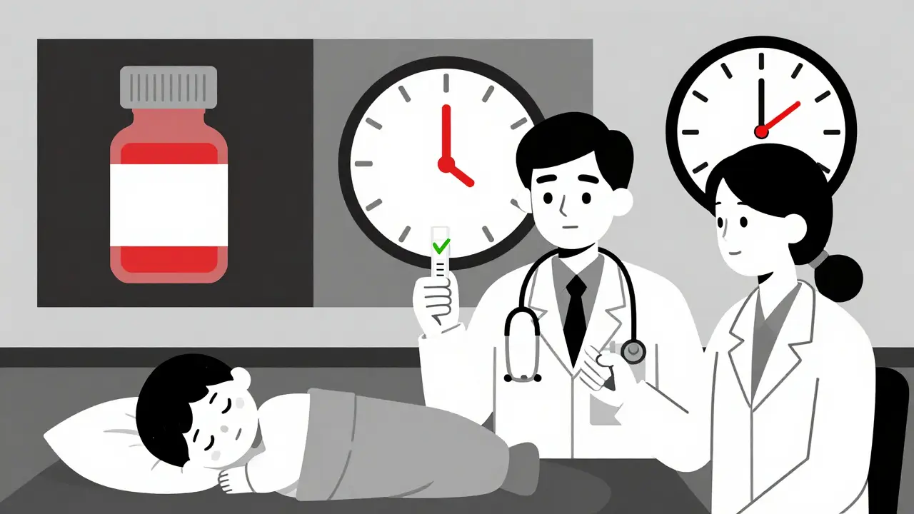 Doctor and parent reviewing a rapid strep test result with a child sleeping, clock and antibiotic bottle visible.