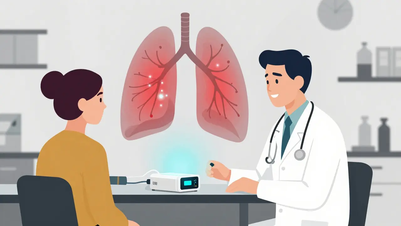 Doctor and patient in a clinic with a glowing lung diagram showing airway inflammation.