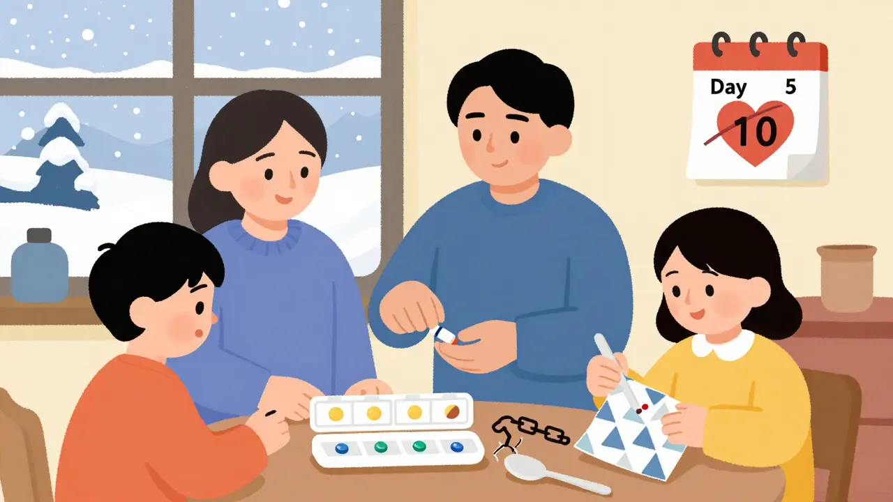 Family taking penicillin at home, winter window, calendar marked for 10-day treatment in Bauhaus design.