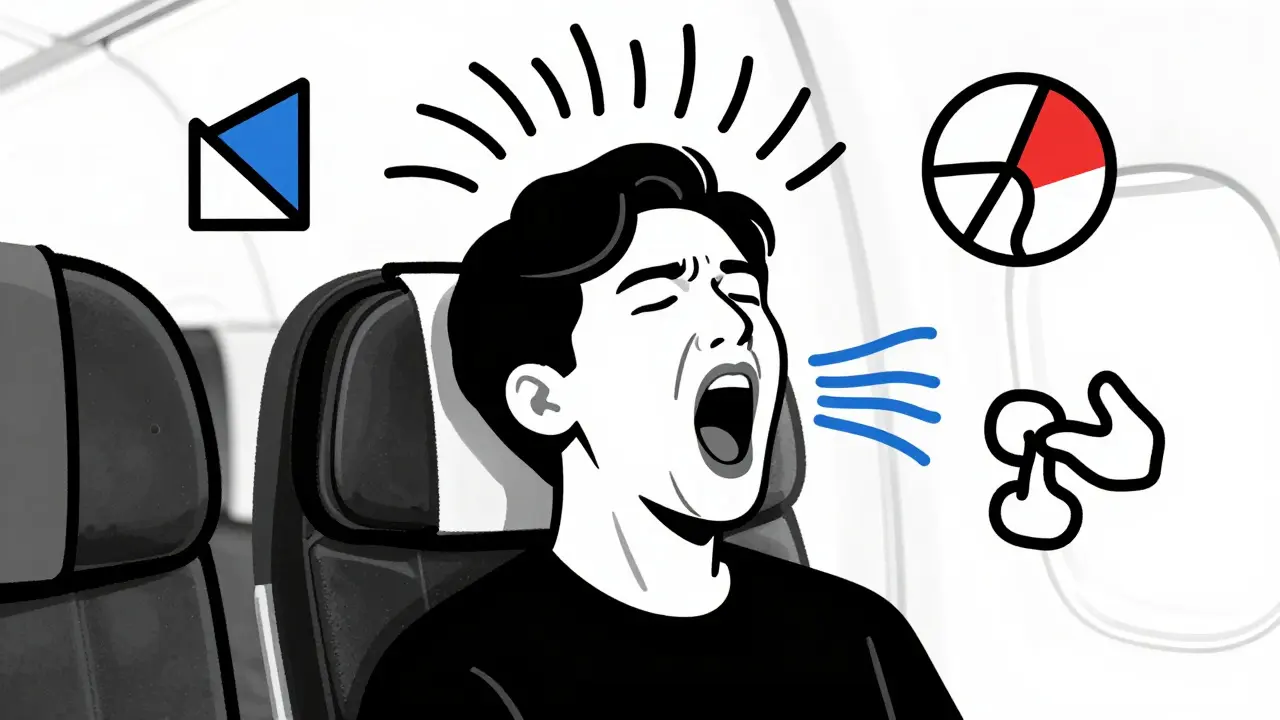 Person yawning on airplane with pressure waves and symbols for relief techniques, Bauhaus illustration.