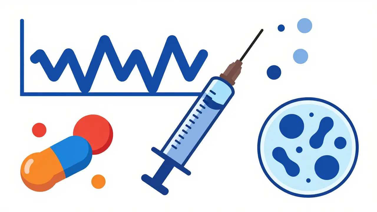 Pill with HPLC waves, syringe particles, microbial petri dish.