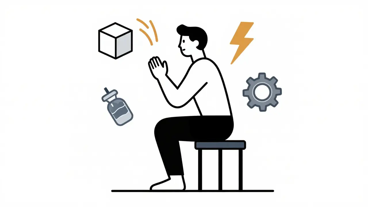 Simplified human figure performing a squat with abstract icons representing muscle, strength, and mobility.
