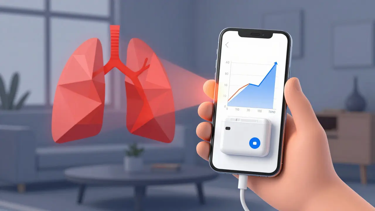 Smartphone connected to a FeNO device showing an upward-trending inflammation graph.