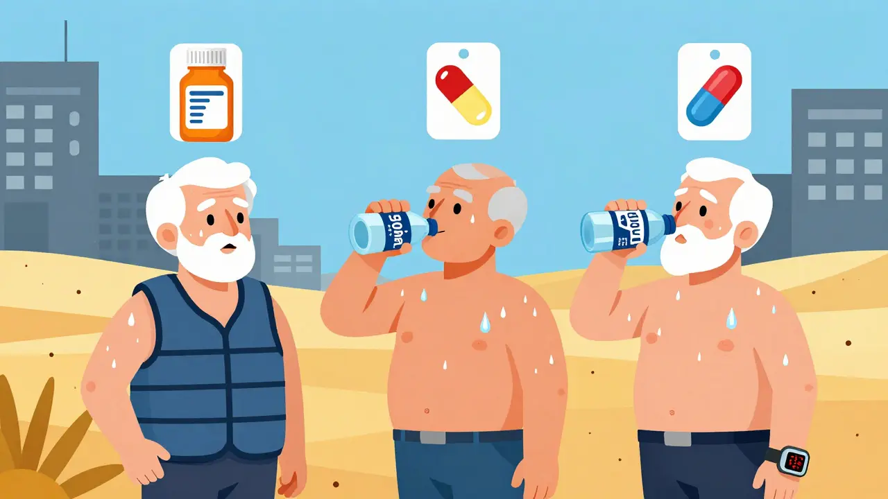 Three elderly people in a heatwave with drug labels above them, one wearing a cooling vest and monitoring temperature with a wearable device.