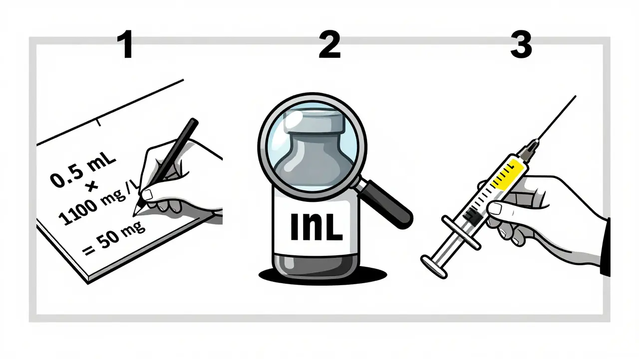 Three-step pharmacist verification process: math, label check, syringe handoff, Bauhaus design.