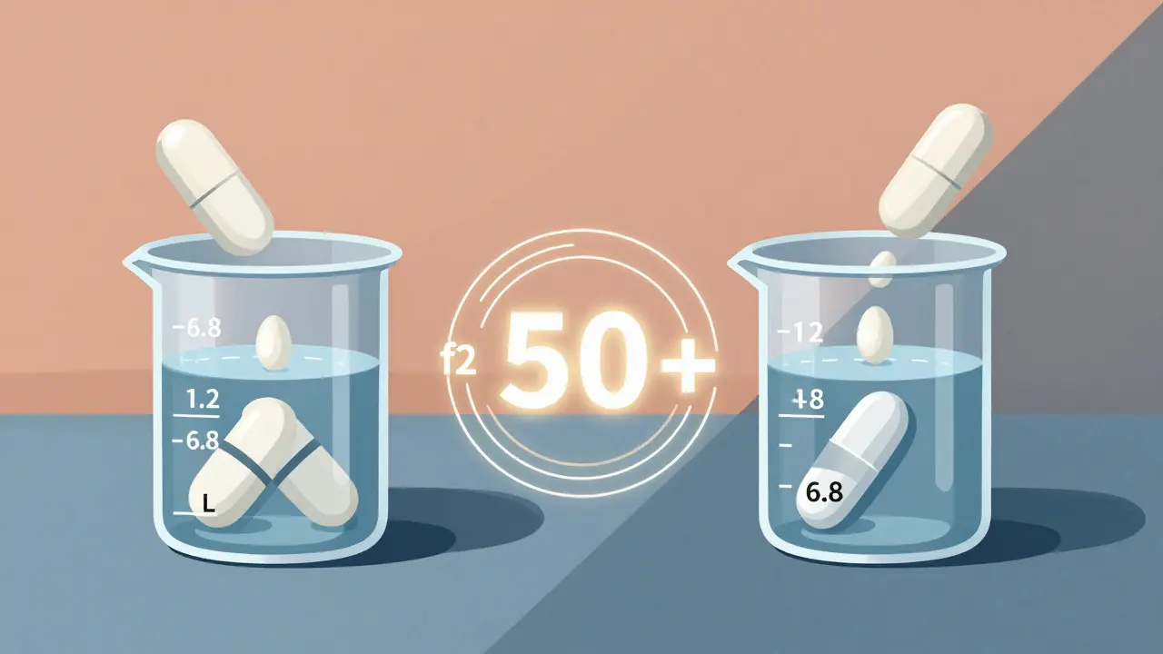 Two pills dissolving in beakers with geometric timelines visualizing dissolution profiles for generic and brand drugs.