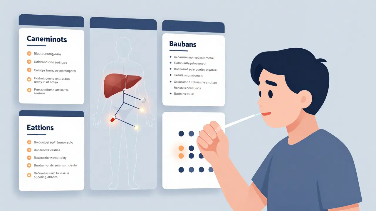 A patient undergoes pharmacogenomic testing with visualized drug metabolism pathways.