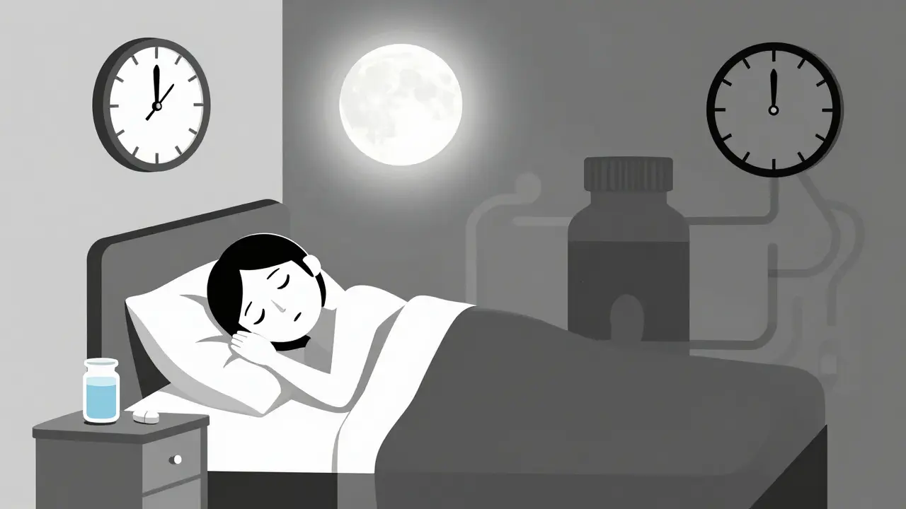 A person sleeping with thyroid medication on the nightstand and an iron supplement in shadow.