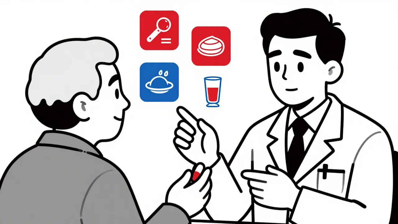 A pharmacist explains medication timing with floating geometric icons representing dosage factors.