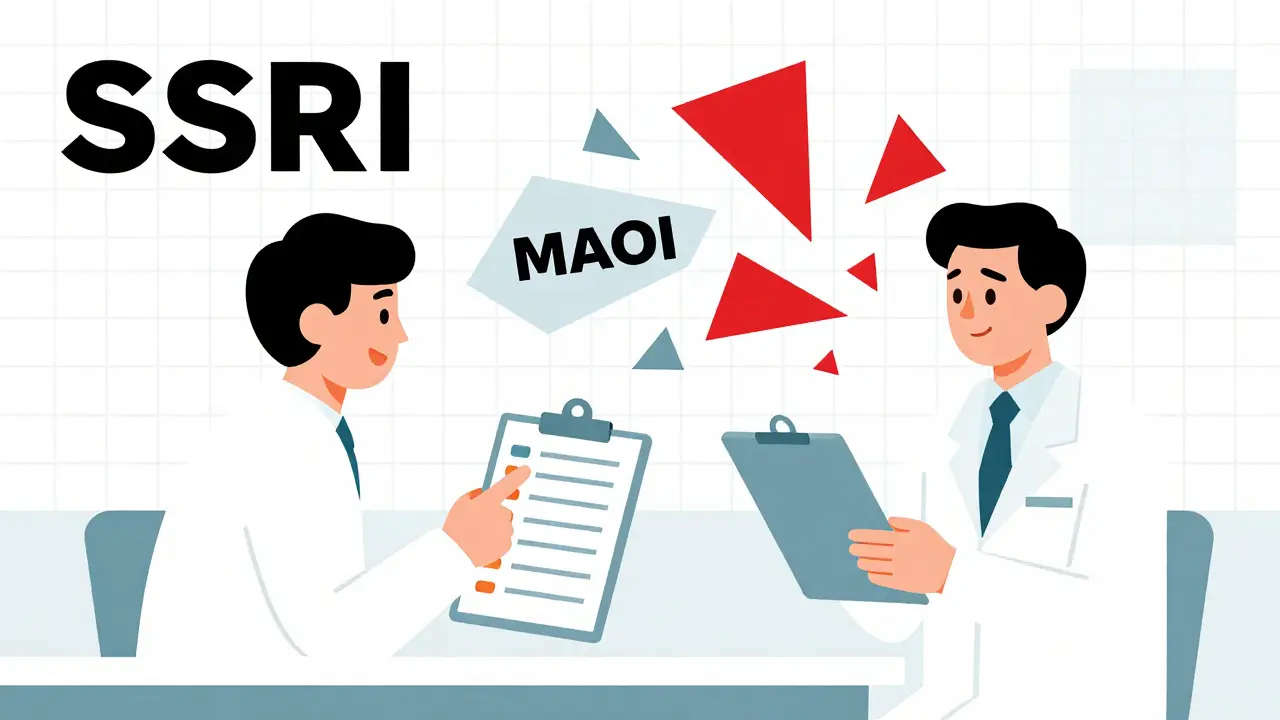 A pharmacist reviews drug interactions as conflicting molecular shapes form a warning symbol above a patient.
