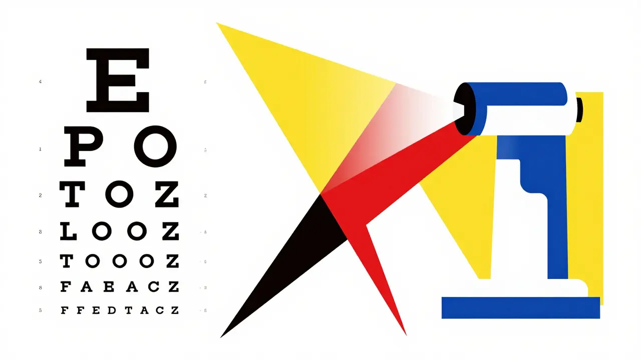Abstract illustration of vision screening tools using primary colors.