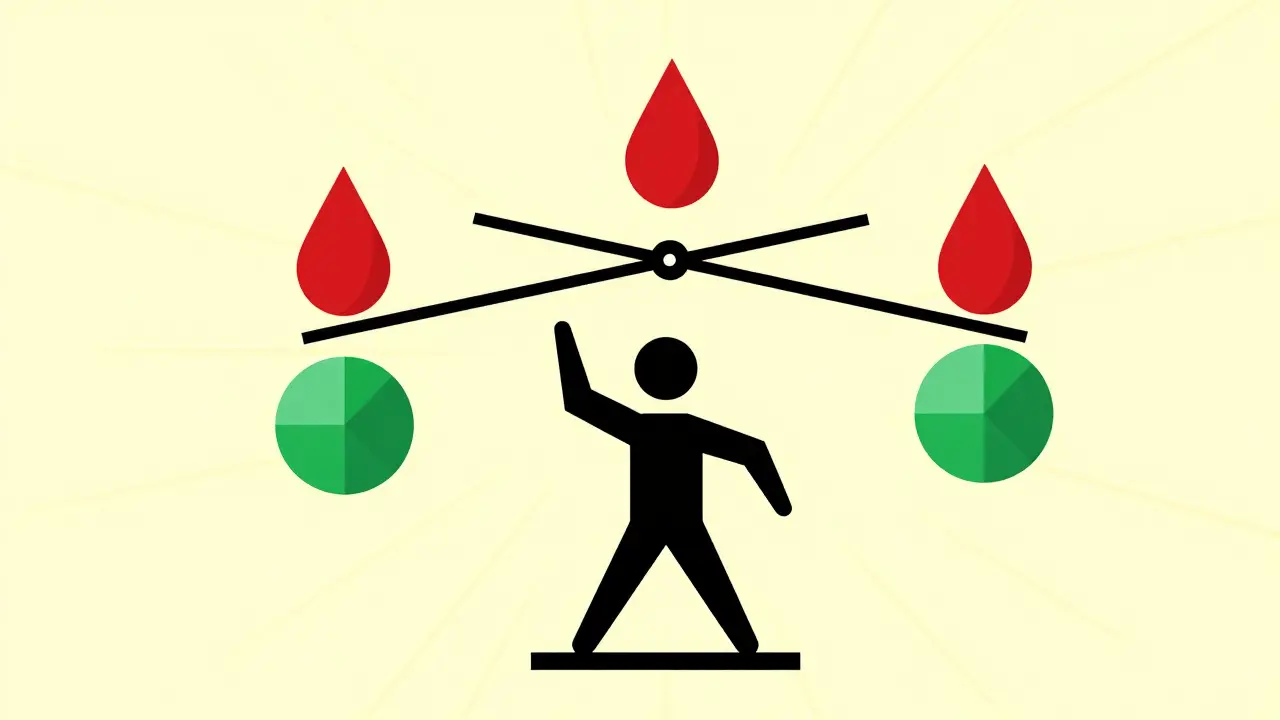 Balanced scale with medication and health symbols in minimalist art.