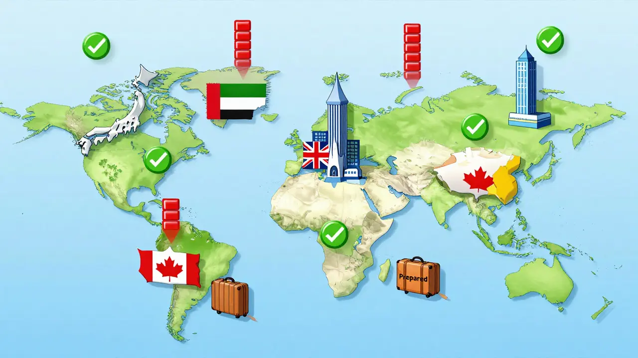 Geometric global map showing country-specific medication rules with color-coded signals.