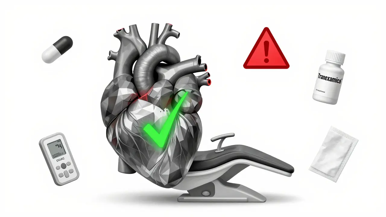 Geometric heart with medical icons representing safe anticoagulant management during dental procedures.