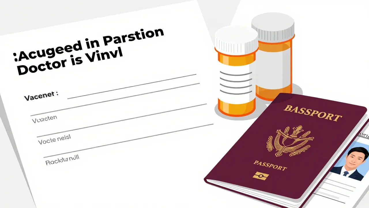 Minimalist arrangement of travel letter, prescription bottles, and passport in Bauhaus style.