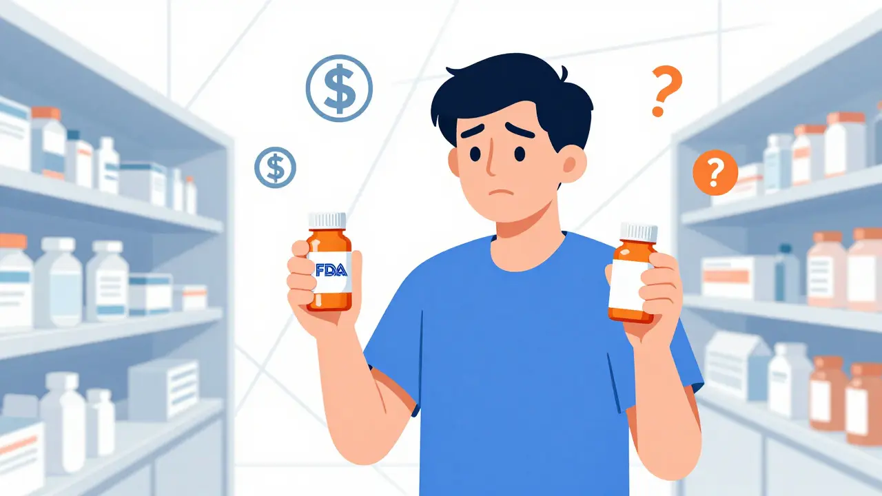 Patient holding two identical pill bottles, one branded and one generic, in a stylized pharmacy setting.