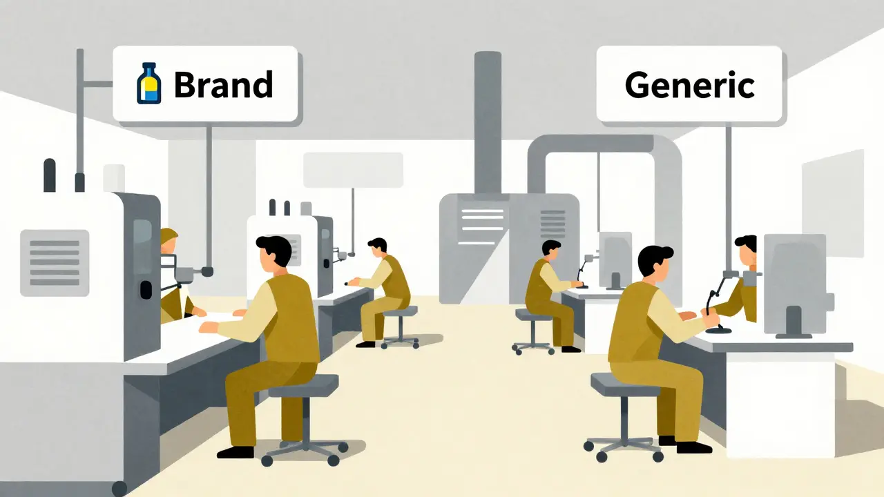 Pharmaceutical production line with two parallel paths for branded and generic pills, geometric design.