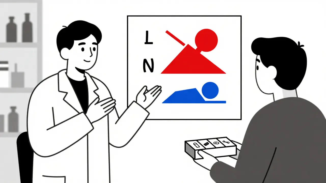 Pharmacist explaining dosing times using morning, noon, evening, bedtime visual chart.
