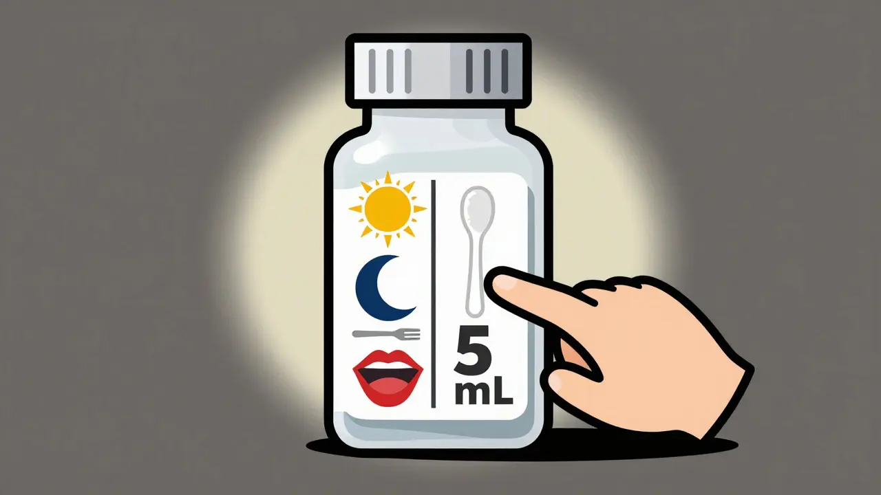 Pill bottle with simplified label featuring sun, moon, fork, and mouth pictograms in clean design.