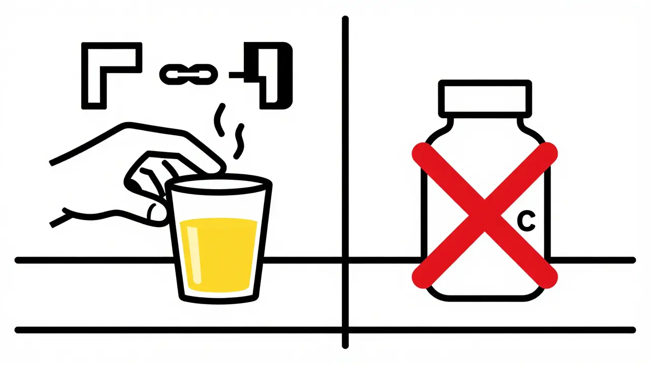 Split scene: thyroid pill with apple juice on one side, iron and calcium supplements with red X on the other.