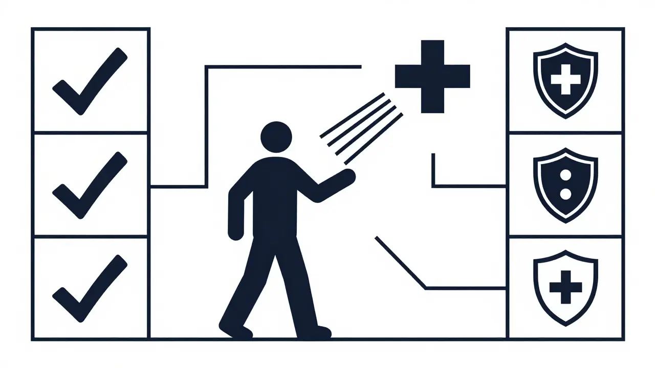 Stylized figure seeking medical help with safety icons.