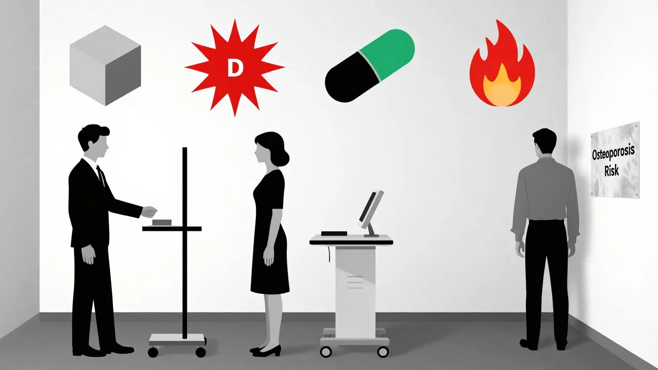 Three figures: two receiving bone scans, one ignored; floating geometric shapes represent interventions like calcium, vitamin D, and medication.