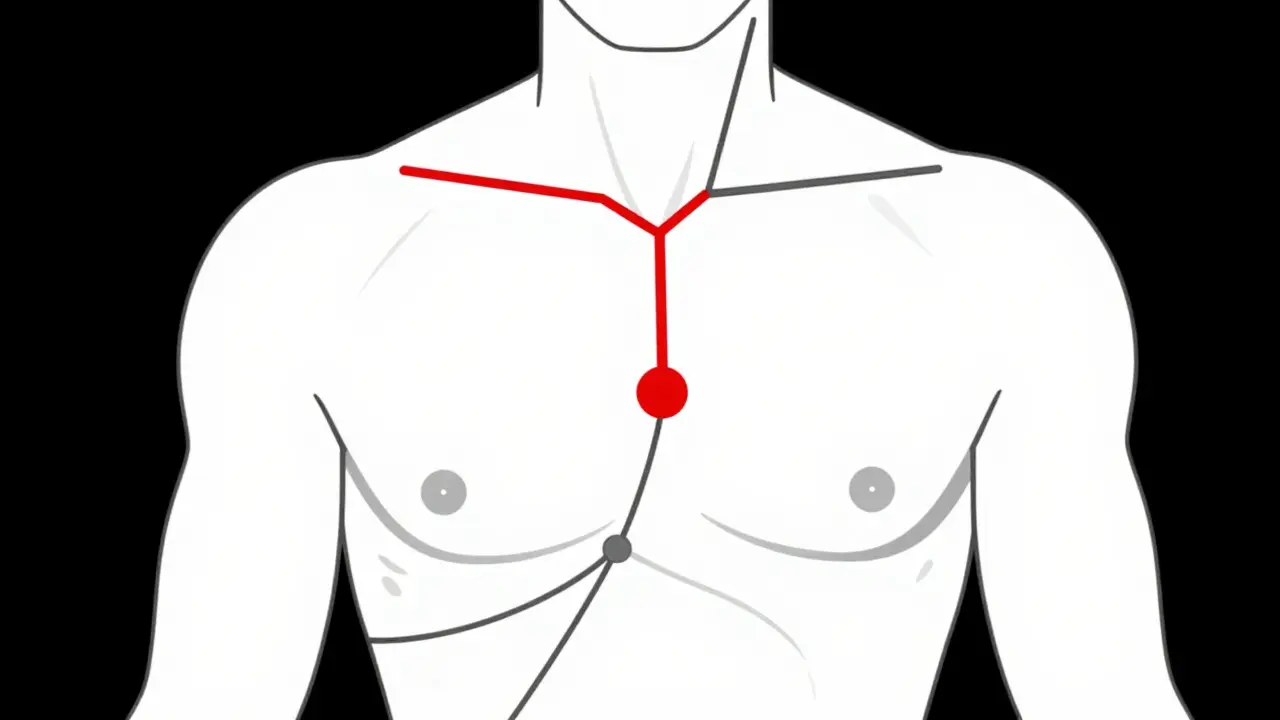 Abstract Bauhaus illustration of a human torso showing a targeted nerve block point in red.