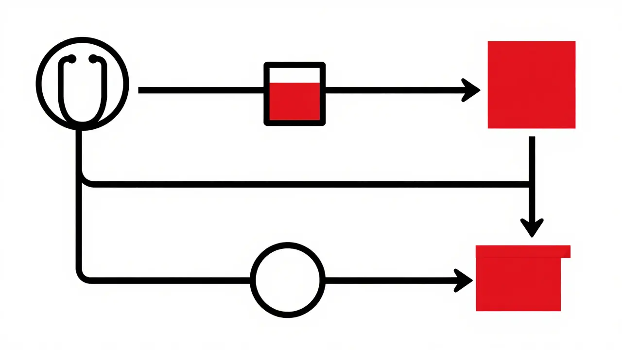 Abstract Bauhaus illustration of a streamlined online pharmacy delivery process.